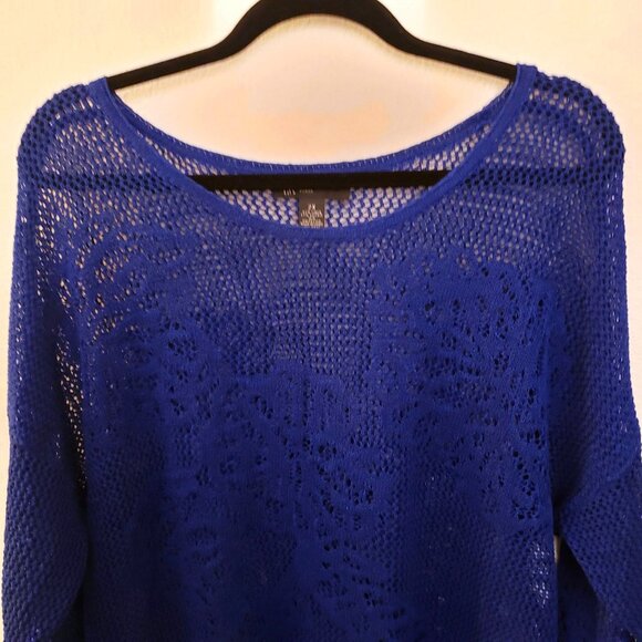 INC Linen Blend Royal Blue Open Weave 3/4th Sleeve Sweater Size 2X EUC - Picture 2 of 7